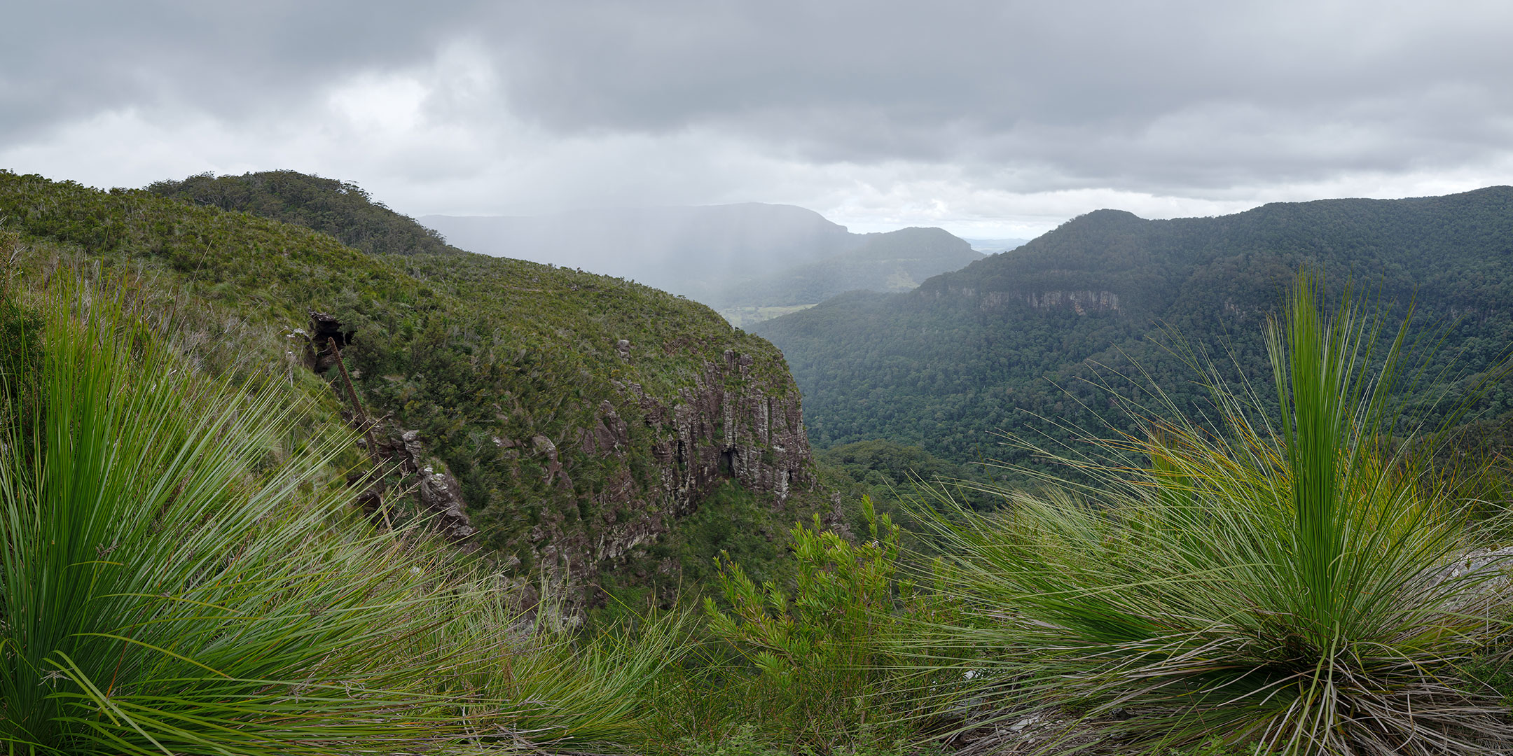 Rain approaching a rugged lookout on Dave's Creek Circuit in Lamington National Park, Australia