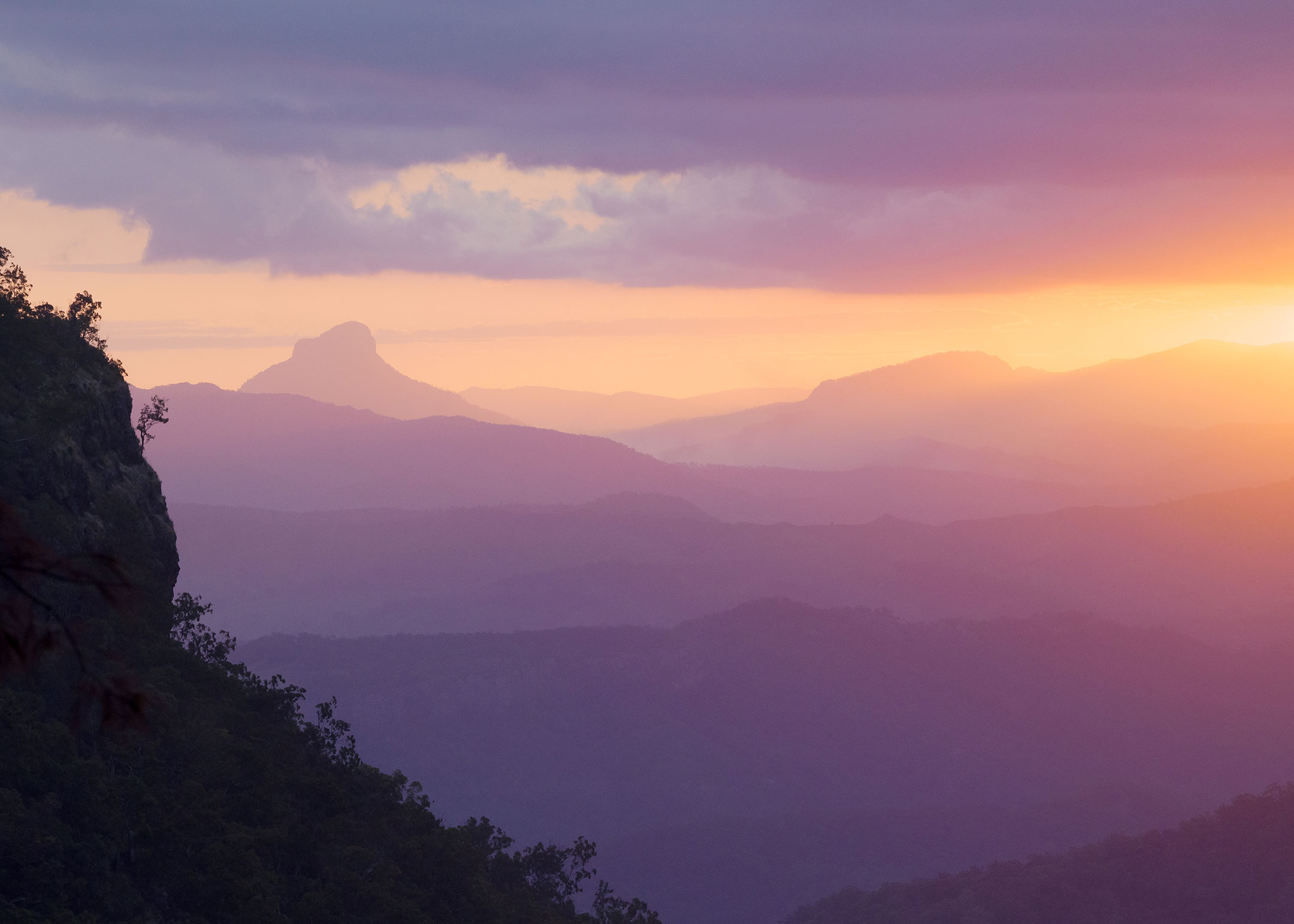A pink sunset over the Scenic Rim, from Lamington National Park, Australia